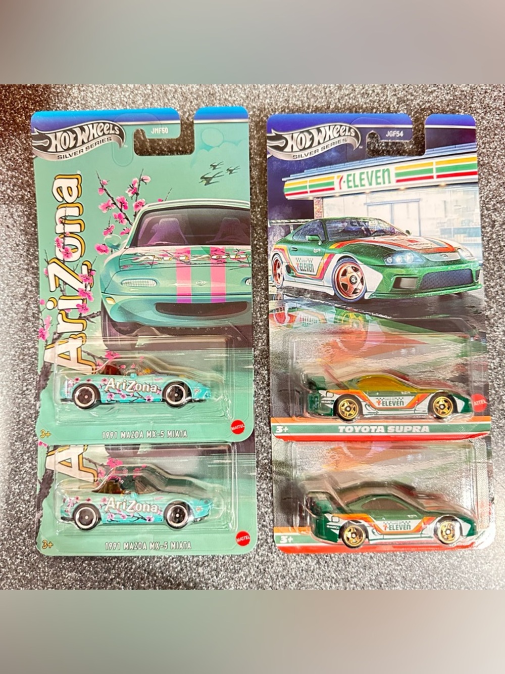Lot of 4 Hot Wheels - 2 Mazda MX-5 Miata Arizona & 2 7Eleven Toyota Supra